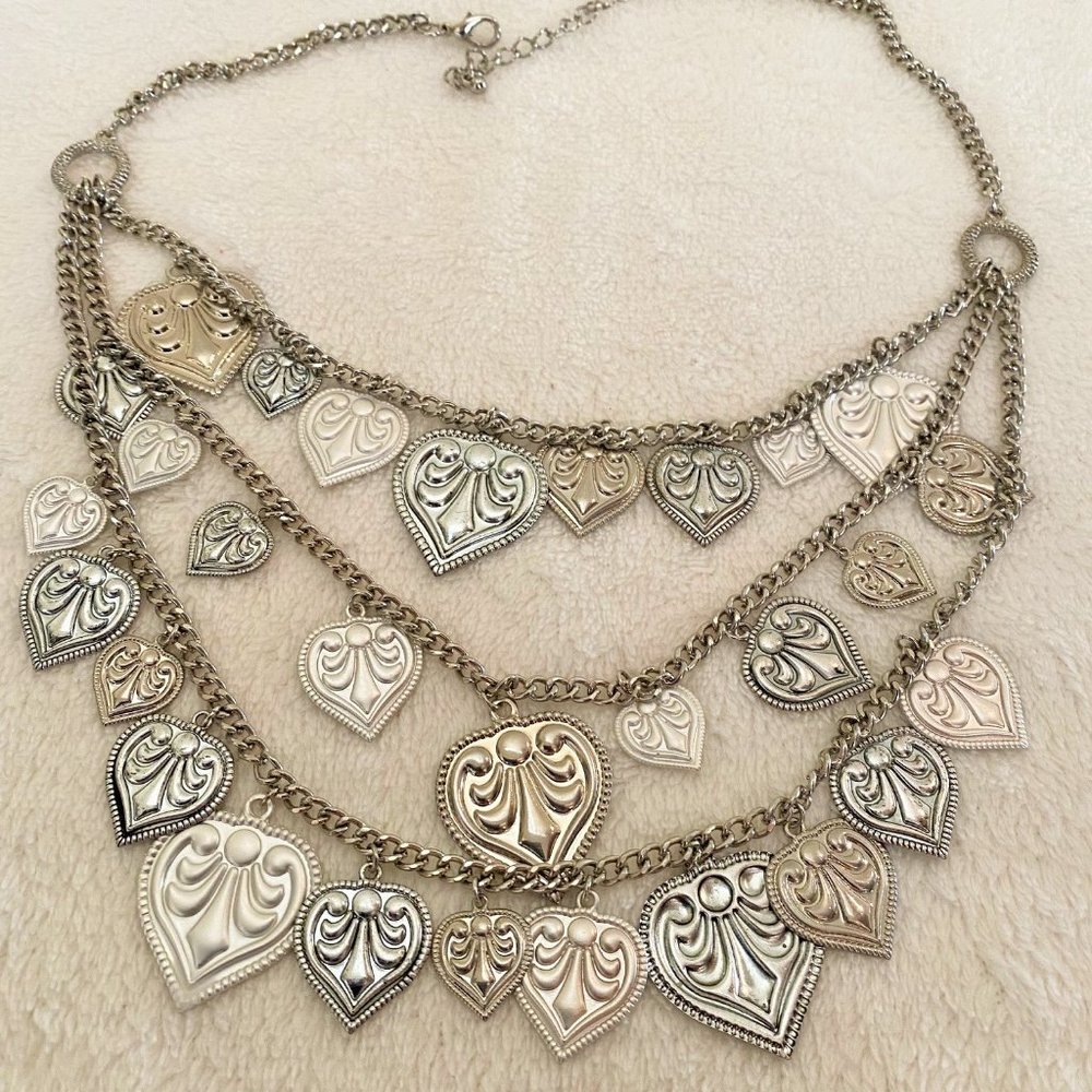 Embossed Metal Heart Charm Necklace, 3 Strands,
